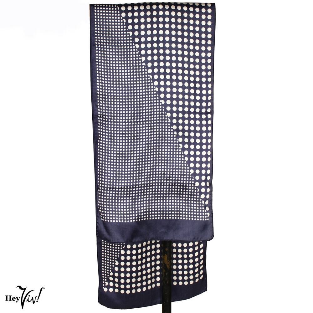 Vintage Morsly Italy Acetate Scarf Navy Polka Dot Geometric Long 10x46 - Hey Viv